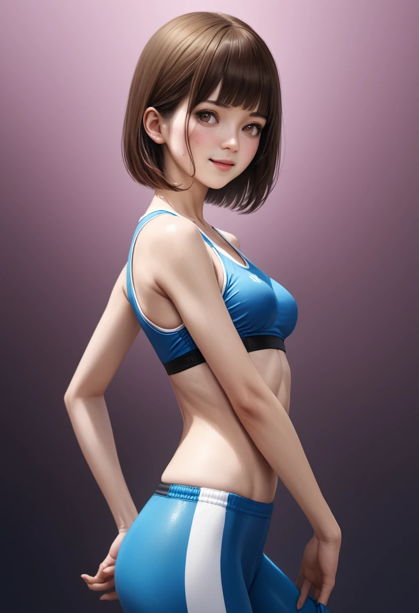 ((realistic)),(masterpiece,Highest quality:1.3,best quality illustration),cowboy shot,1woman,20 year old Japanese beauty,very small head,(short bob brown hair),bangs,brown eyes,gorgeous eyes,blush,smile,.medium breasts,((very long body:1.3)),toned body,slender body,skinny:1.3,(Sports Bikini),gleaming skin,shiny skin,sweat:1.3,standing,Arena、Tokyo、