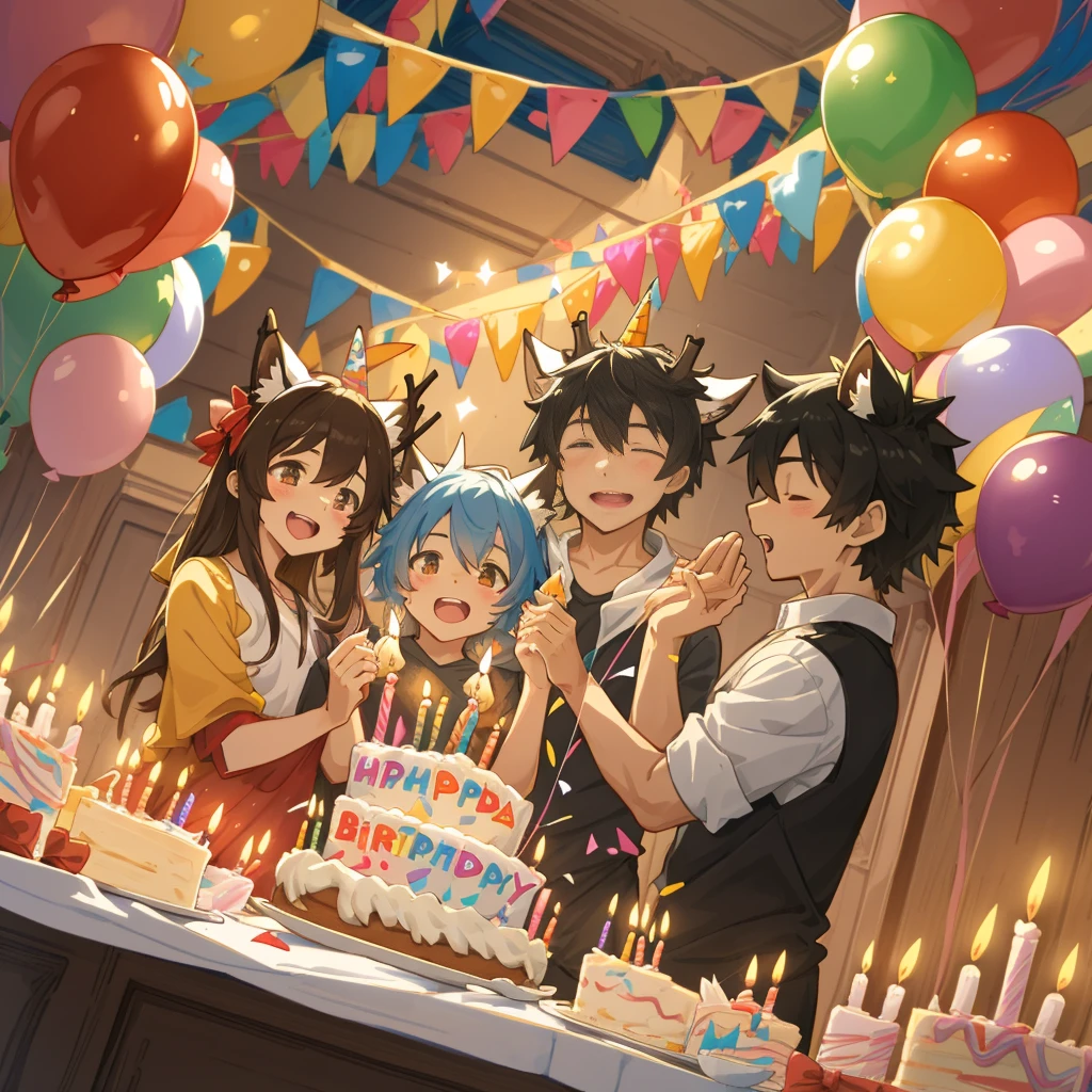cover page, anime key visual, highres, top quality, best quality, paid reward available, High-quality illustrations, unparalleled masterpiece, perfect artwork, absurdres(A family at a birthday party, blowing out candles on a birthday cake)(room decorated with balloons and streamers, festive and colorful atmosphere)(kemono parents of diverse descents smiling and clapping)perfect anatomy, cake with candles and colorful icing, joyful and celebratory mood, special family moment, fan-created work shared on platforms Pixiv or Twitter, cinematic lighting, dynamic angle,