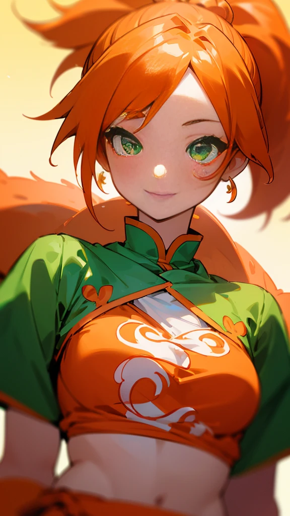 1 Girl、8K、Sharp focus、(Bokeh) (Highest quality) (Detailed skin:1.3) (Intricate details) (anime)、Orange clothes、Orange Hair、ponytail、Beautiful green eyes、Wicked Smile、Loincloth、Shrimp mascot、Upper body close-up