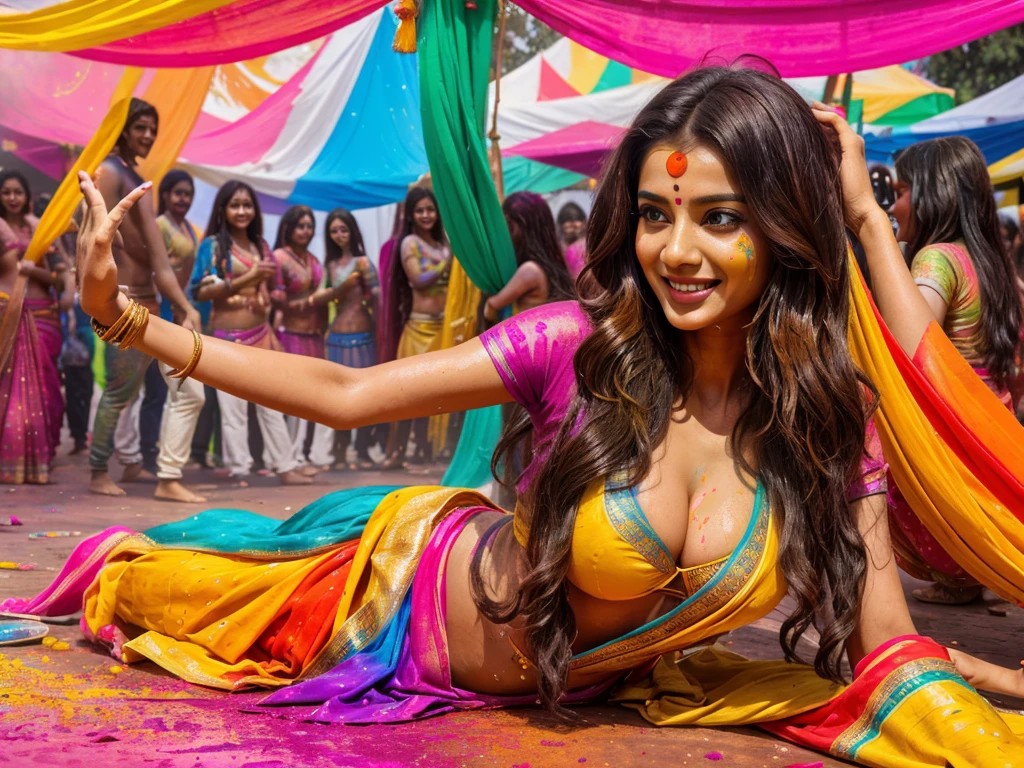 (best picture quality，4k,8k，high-definition，masterpiece:1.2)，Ultra-detailed，(lifelike，lifelike，lifelike:1.37)。Indian festivals，deep cleavage, indian traditional dress, deep cleavage, paint festival，holi paint：1.37.beautiful fairy Indian girl，Colorful paint on face，Holi festival, brown eyes，exquisite gold jewelry，happy，long wavy brown hairs, hapiness，Contagious smile，Colorful indian saree costumes，colored nails，Holi paint on body，Splashes of colorful paint at events，holi celebration background，Color spray painting，Energetic movement，Dynamic and powerful abstract art，rich colors，propylene，Vivid rainbow hues，hapiness lively atmosphere，bright orange，Pink，Whimsical and dreamy，Spontaneous splashing，bold color contrast。8k