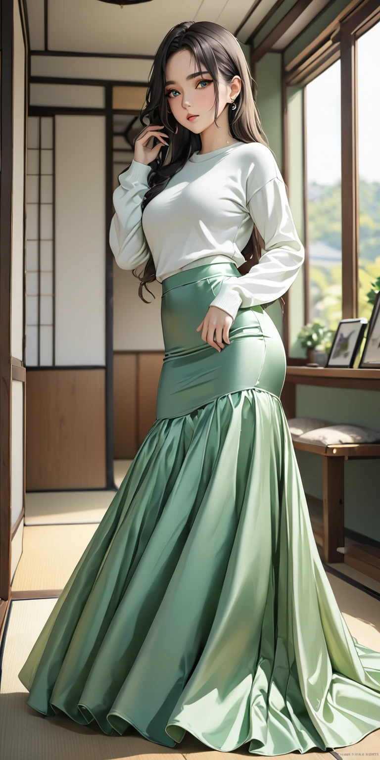Portraiture、(masterpiece,Highest quality,Ultra-high resolution),Japanese women, (((Very beautiful 25 year old girl))),Long sleeve sweater、((Light green satin mermaid long skirt))、The skirt is ankle-length、