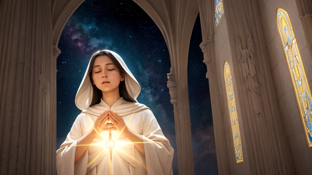 "Description: Illustrate believers gazing upwards towards a radiant, heavenly light, symbolizing their focus on eternal values. Show them in moments of prayer and contemplation, with their surroundings depicting a transition from earthly to heavenly focus.
Details: Use a mix of soft and bright colors to create a sense of divine inspiration and elevation. Include elements like light beams descending from above, open Bibles, and serene expressions on the believers' faces. This visual should convey the theme of prioritizing eternal values over temporal concerns."