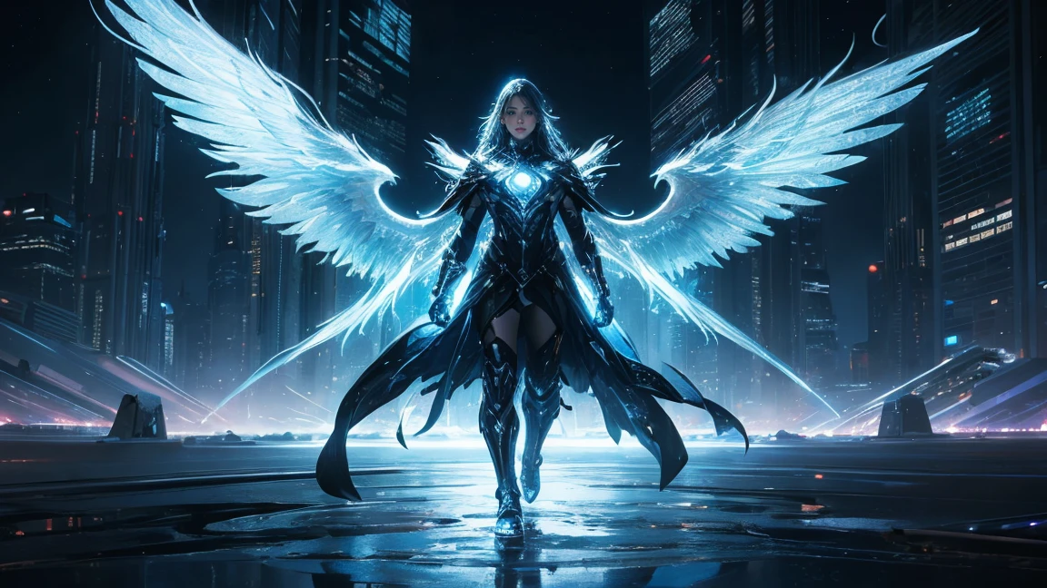 ((masterpiece, Highest quality, Best image quality, High resolution、８ｋ)) An angel in the center of the screen、Glowing white wings、Glowing halo、Cyberface。Aether Robe、god々Shining with a bright light。Glowing blue eyes and advanced cybernetic enhancements. Seen in dynamic action poses, reflection on a smooth surface. The cityscape below is filled with towering skyscrapers., illuminated by colorful holographic advertisements, Shining with blue energy, Mighty power. The overall atmosphere is dark and mysterious., It had a futuristic techno vibe.. The lighting is dramatic, Intense highlights and deep shadows, Creates depth and tension