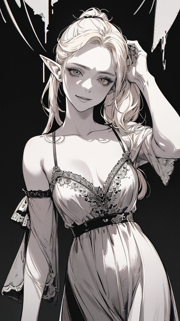 Highest quality, (Background details), High Contrast, Very beautiful woman, Detailed original illustrations, functional, Archer、Elf, Ponytail Delicate face, charm, Bad boy, sexy, Platinum Blonde、White sundress、Real breasts, Small breasts、Crazy Smile, Crazy Eyes, Black background, (Black background: 1. 5), Beautiful line art, Monochrome