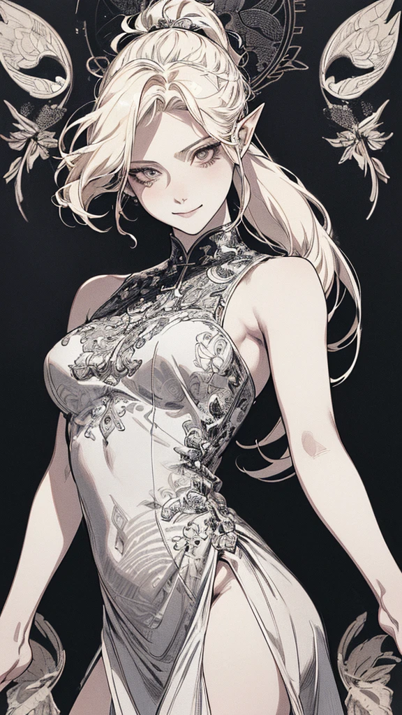 Highest quality, (Background details), High Contrast, Very beautiful woman, Detailed original illustrations, functional, Archer、Elf, Ponytail Delicate face, charm, Bad boy, sexy, Platinum Blonde、White sundress、Real breasts, Small breasts、Crazy Smile, Crazy Eyes, Black background, (Black background: 1. 5), Beautiful line art, Monochrome