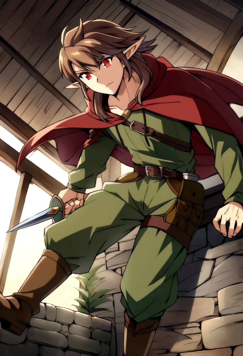 assasin half elf with a hoodie(hoodie down) and cape, red eyes brown hair long hair, hair out of hoodiewith only armor on torso anime style male make him in the roof of a medieval house ((anime style)) 20-30 years he wears a baggy cargo pants over his boots make him in a dark rpg give him a dagger ((hd)) ((high quality)
