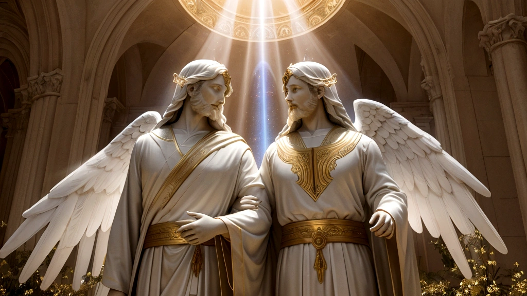 "Description: Create a scene where believers are engaged in their daily activities but with a visible heavenly influence guiding their actions. This could be depicted through subtle halos or light trails leading their movements, indicating their mindset is set on things above.
Details: Use a combination of natural and ethereal lighting to highlight the divine presence in everyday life. Include elements like angelic figures in the background, symbolic representations of heaven, and believers carrying out acts of kindness. This visual should illustrate how the promise of eternal life influences daily conduct."