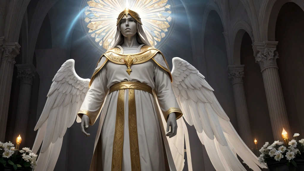 "Description: Create a scene where believers are engaged in their daily activities but with a visible heavenly influence guiding their actions. This could be depicted through subtle halos or light trails leading their movements, indicating their mindset is set on things above.
Details: Use a combination of natural and ethereal lighting to highlight the divine presence in everyday life. Include elements like angelic figures in the background, symbolic representations of heaven, and believers carrying out acts of kindness. This visual should illustrate how the promise of eternal life influences daily conduct."