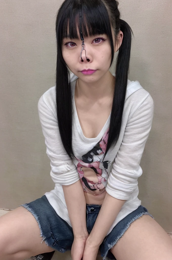 nsfw,(Highest quality:1.2),32k HDR,High resolution,(18-year-old female),(Ultra Wide Angle),(View from above:1.2),((Glaring at the camera)),(Japanese women),(Tabletop:1.2, Highest quality:1.2),Japanese women,Flat bangs,Medium chest, Crouching posture,Squat with your feet apart,Show off your crotch,Beautiful Eyes,Detailed face,High quality eyes,Keep your eyes clearly focused,Nose and mouth,Face Focus,Super Face close-up gentle and charming Chinese beautiful woman, Delicate and sexy collarbone,Small Nose, Focus on the face, Face close-up, 超High resolution, Very detailed, Full body photo, Ultra-thin and transparent,hoodie,Fresh and delicious, And see through,Cinema Lighting,Straight long hair,Shaggy,Ahegao,Black Hair,Japanese women,Goth Punk Haircut, Flat bangs,18-year-old ,ponytail,Ripped jeans,Embarrassed face,shame,Blushing,