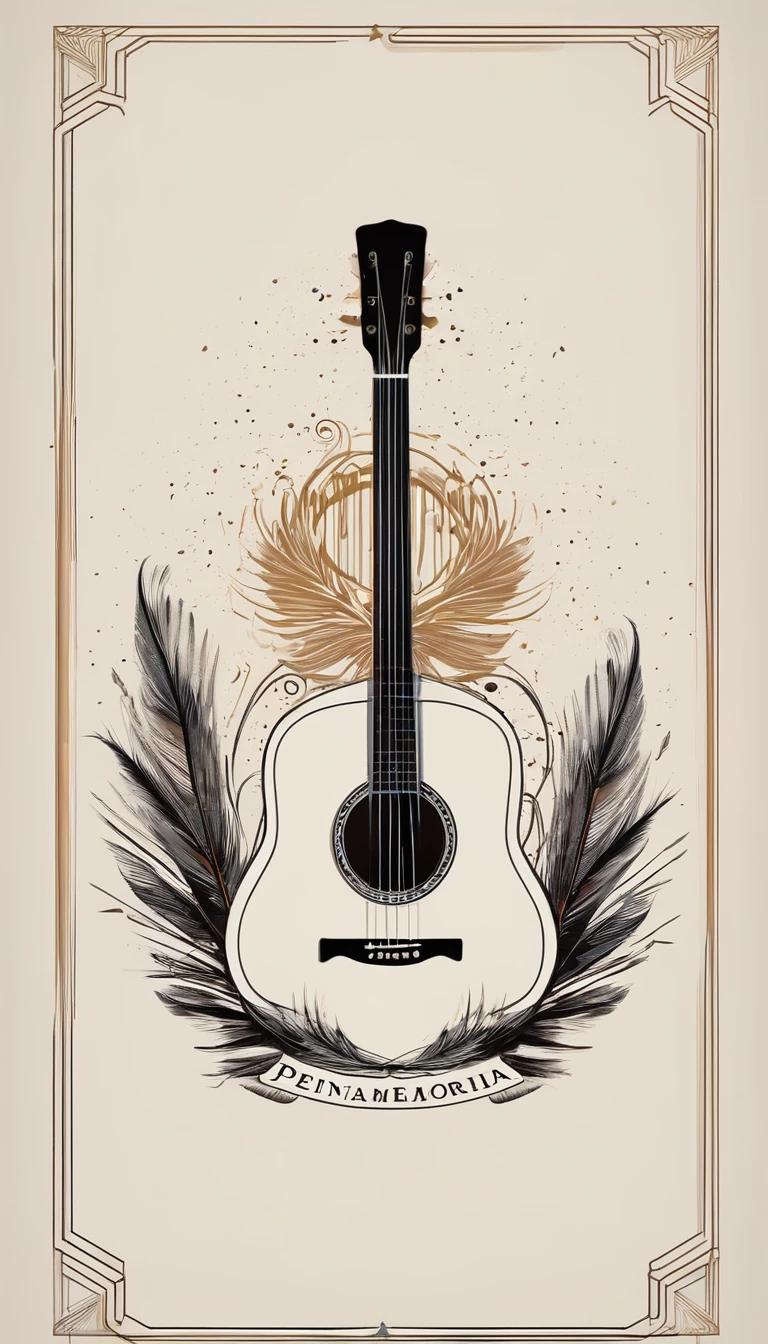 A minimal, modern, simple, cinematic logotype for the brand “Penamemoria". The logotype must be a simple, magical feather and a boy playing acoustic guitar. The logo must convey a sense of music, stories and dreams. Logo design impressed on a book cover. Minimalistic logo