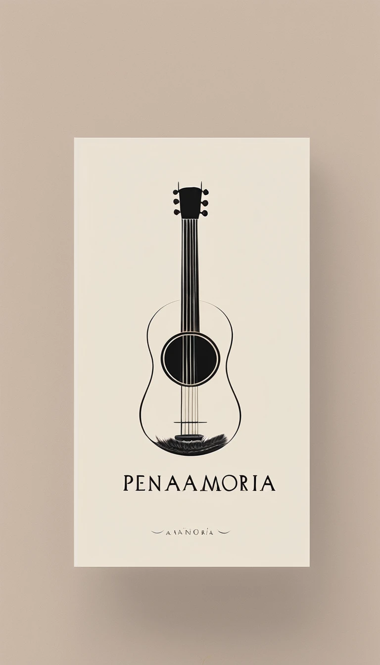 A minimal, modern, simple, cinematic logotype for the brand “Penamemoria". The logotype must be a simple, magical feather and a boy playing acoustic guitar. The logo must convey a sense of music, stories and dreams. Logo design impressed on a book cover. Minimalistic logo