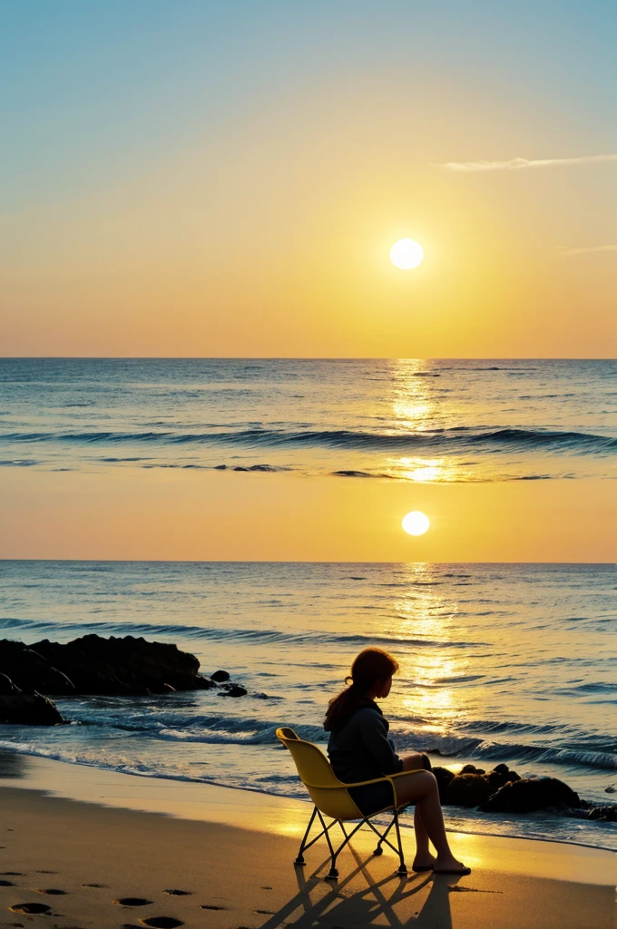A chick is sitting on a chair in front of the sea and the sky has a yellow sun