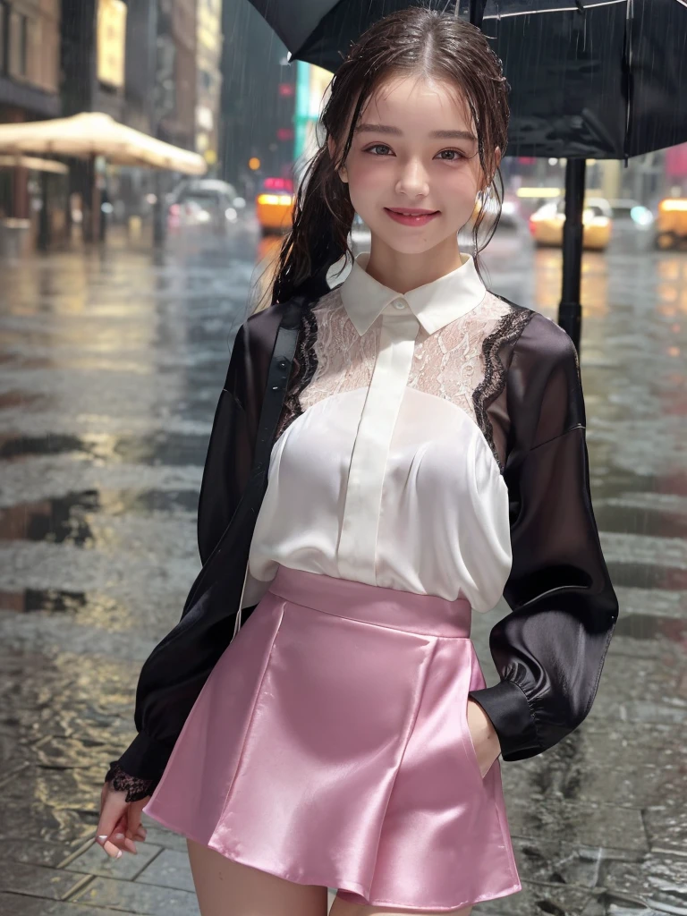 ((best quality, 8K, masterpiece: 1.3)),upper body,Black Hair, black eye,sharp focus: 1.2, beautiful woman with a perfect body: 1.4, ((ponytail, large: 1.2)), (small and beautiful hard (White long sleeve blouse with lace、Silk Tight darkmagenta long skirt), (wet from rain: 1.2), (rain, street: 1.2), wet body: 1.1, Highly detailed face and skin texture, detailed eyes, double eyelids, White skin,,E cup,smile,Financial district of the big city,Skyscraper,White skin,Wet Hair、Wet Skin、Wet clothes、smile、 