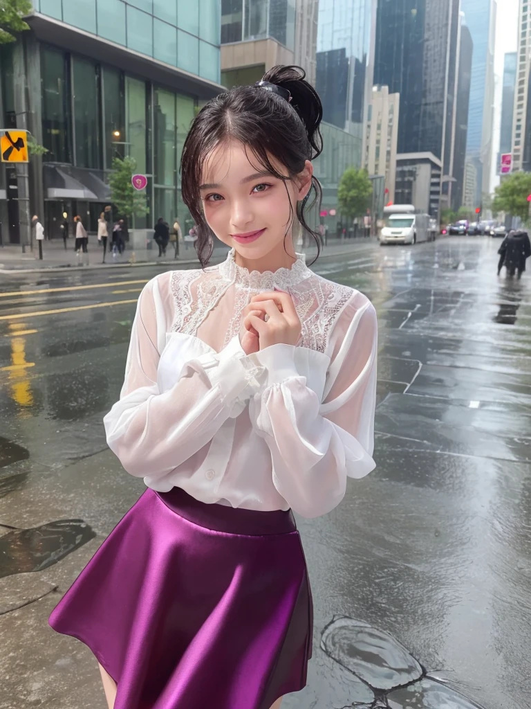 ((best quality, 8K, masterpiece: 1.3)),upper body,Black Hair, black eye,sharp focus: 1.2, beautiful woman with a perfect body: 1.4, ((ponytail, large: 1.2)), (small and beautiful hard (White long sleeve blouse with lace、Silk Tight darkmagenta long skirt), (wet from rain: 1.2), (rain, street: 1.2), wet body: 1.1, Highly detailed face and skin texture, detailed eyes, double eyelids, White skin,,E cup,smile,Financial district of the big city,Skyscraper,White skin,Wet Hair、Wet Skin、Wet clothes、smile、