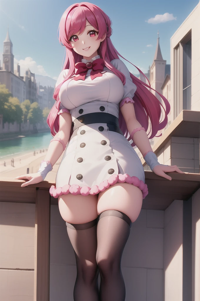 Highest quality, masterpiece, One girl, (alone:1.1), Ray Tracing, Super detailed,Detailed face, 8k wallpaper, (Wide Hips:0.8), smile, Outdoor, Girls Macaron_NDV, One girl, Pink Hair, Large Breasts, Long Hair, gloves, Knee socks, Red eyes, White jacket, White Skirt,