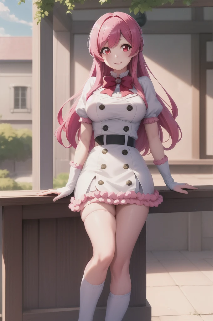 Highest quality, masterpiece, One girl, (alone:1.1), Ray Tracing, Super detailed,Detailed face, 8k wallpaper, (Wide Hips:0.8), smile, Outdoor, Girls Macaron_NDV, One girl, Pink Hair, Large Breasts, Long Hair, gloves, Knee socks, Red eyes, White jacket, White Skirt,  