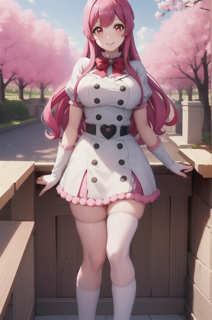 Highest quality, masterpiece, One girl, (alone:1.1), Ray Tracing, Super detailed,Detailed face, 8k wallpaper, (Wide Hips:0.8), smile, Outdoor, Girls Macaron_NDV, One girl, Pink Hair, Large Breasts, Long Hair, gloves, Knee socks, Red eyes, White jacket, White Skirt,  