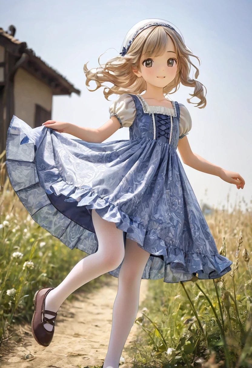  girl underwear, Kind Face, Knee-length bloomers made from patterned cotton fabric, Medieval one-piece dress with panniers, Low - Angle, Pull up the dress by hand,  Strong winds, Translucent slip, Translucent slip, tights, Highest quality, Crotch close-up, whole body
