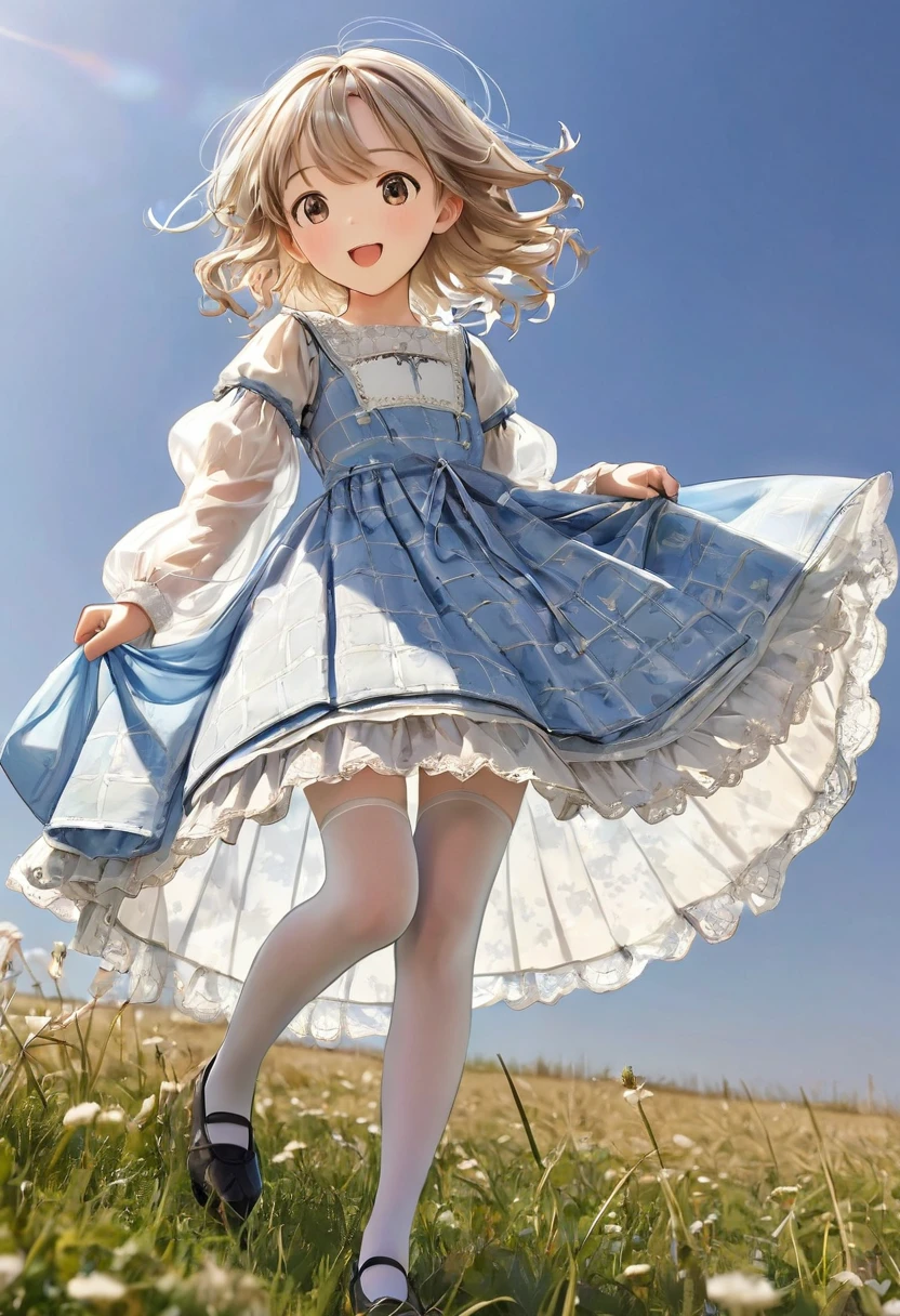 10 year old girl underwear, Kind Face, Knee-length bloomers made from patterned cotton fabric, Medieval one-piece dress with panniers, Low - Angle, Pull up the dress by hand,  Strong winds, Translucent slip, Translucent slip, tights, Highest quality, Crotch close-up, whole body
