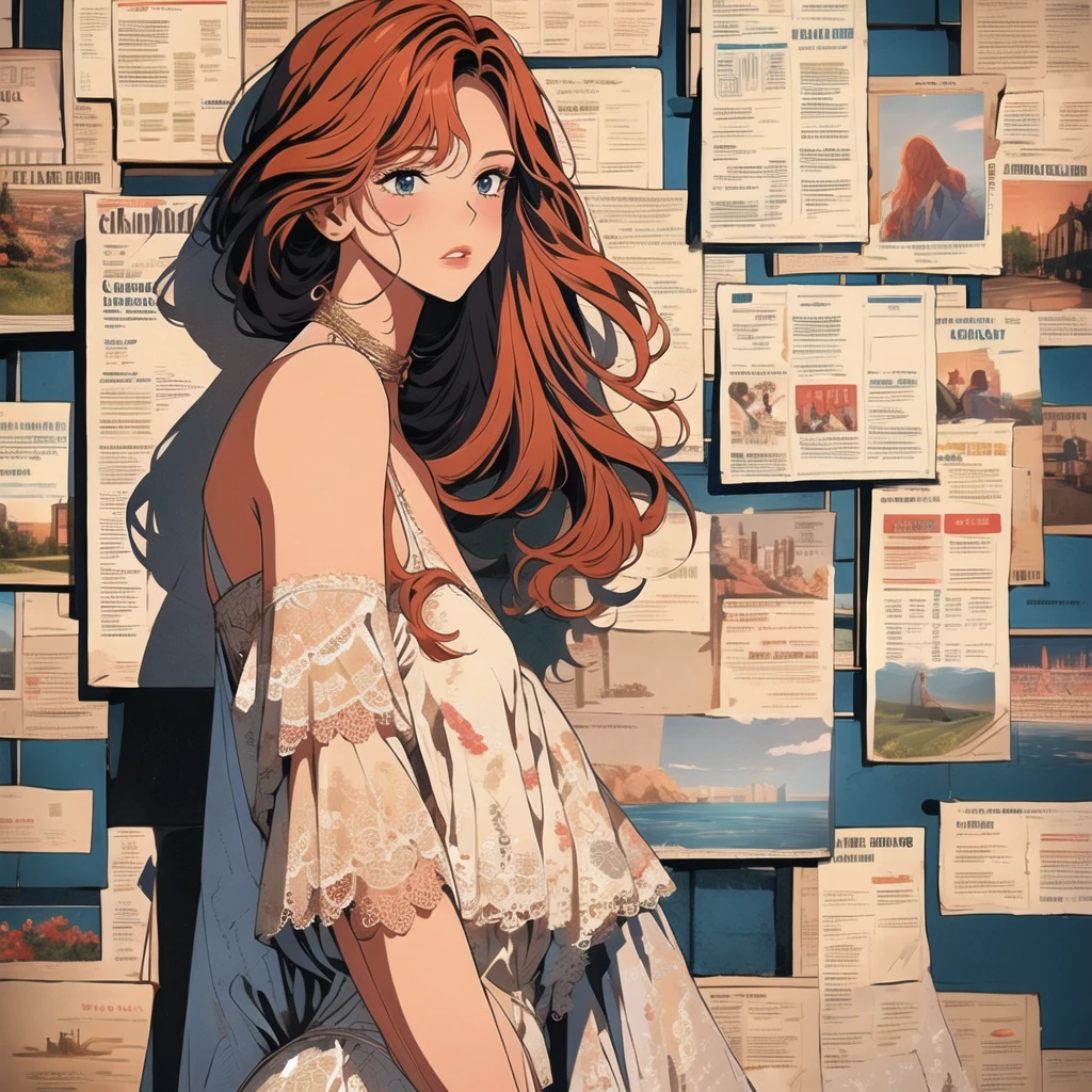 newspaper wall, 1girl,solo, upper body, parted lips,romantic lace dress with an off-the-shoulder silhouette and a flared skirt, ,copper hair