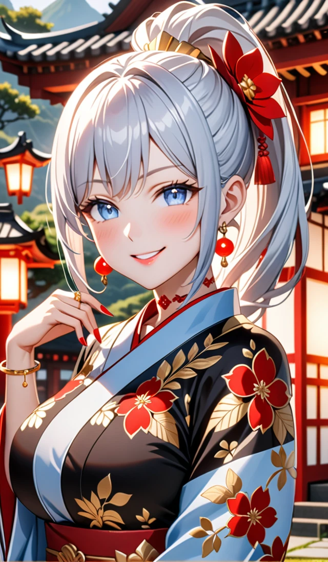 ultra-detailed, ((one girl)), hyper detailed, absurdres, 8K,Cute face, (Laugh shyly), ((teasing smile:1.8)), ((Wink:1.8)), (Laugh with your mouth wide open:1.3),(Tilt your head:1.3),  View your viewers, ((Bright red cheeks:1.6)),Glossy Red Lips, ((Big Breasts:1.5)) night, Shrines in the countryside, (Brighten your face), ((Anime style background)),masterpiece, Highest quality, so beautiful,Latest, Complex details, (Pink long nails), (nail art), (ring),(bracelet), (Floral Choker),AI-generated, Complex,High resolution, Highest quality, super high quality,3D Images、3D Images,One person,Long white hair,(High Ponytail), Anime woman posing for a photo, ((Fine grain, pale blue eyes, glowing eyes:1.4)), (Squint your eyes:1.1),a hyperRealistic , hyperRealistic , Realistic,Anime woman with long white hair, Smooth anime CG art, With gold embroidery、A girl in a gorgeous kimono, ((Black long sleeve kimono:1.3)),(Red large floral pattern) ,Long flower hair ornament,Floral Earrings,Mature Body, expensive,Abdominal muscles,Tight waist,((Zoom in on face:2.1)),(front view),