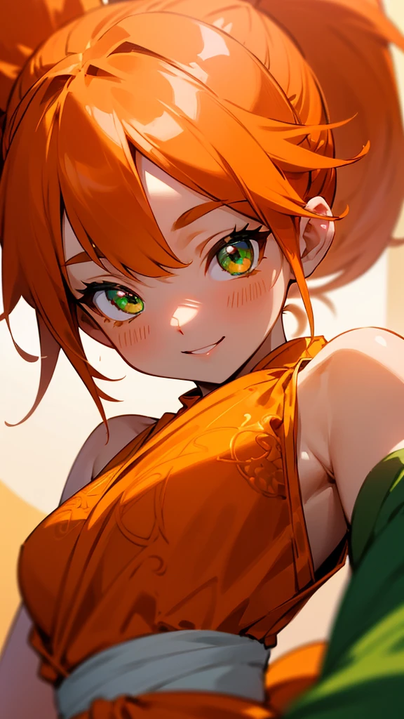 1 Girl、8K、Sharp focus、(Bokeh) (Highest quality) (Detailed skin:1.3) (Intricate details) (anime)、Orange clothes、Orange Hair、ponytail、Beautiful green eyes、Wicked Smile、Loincloth、Shrimp mascot、Upper body close-up