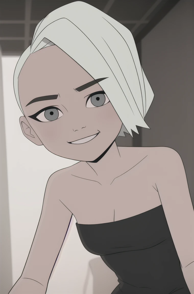 (dark theme:0.6), Glucose, 1 woman, mature and rough face, wrinkles on the face, Aging face, cheekbones на лице, cheekbones, old age Alone, короткие White hair, sexuality, black strapless bodycon dress, black dress figure of a top model, sexy long legs, high growth, Height 1,75 m costs, Sun, wound, in the apartment, lying in bed, smile flowers 1.2), White hair, hairstyle in babershop style, pomade, decrease,  I look at the viewer, grey eyes, sharp image, crop top, (HDR:1.22), Clear drawing, muted colors, Complex background, hyper-detailed, art [[Jordan Grimmer]], 
