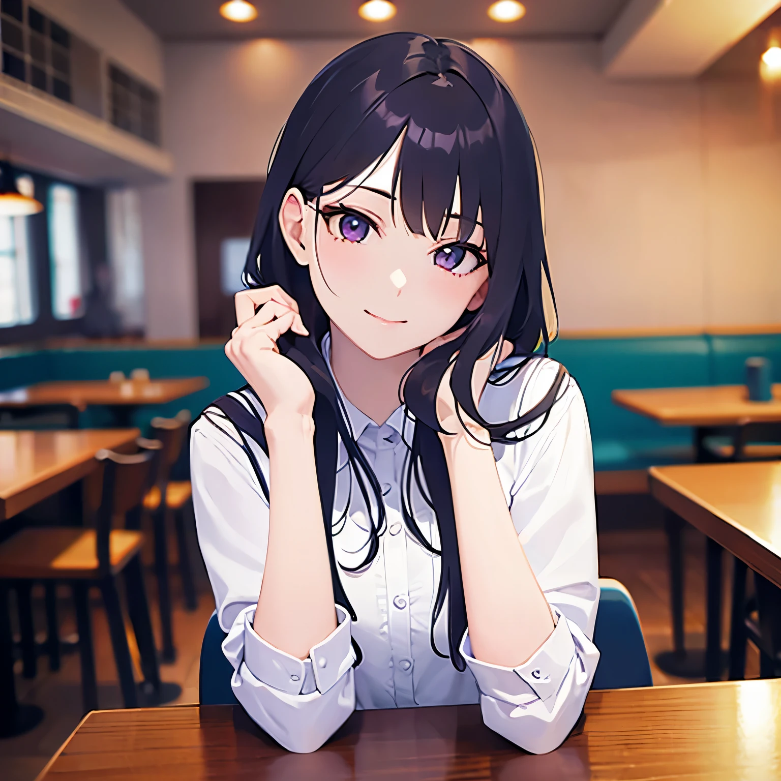 head tilt、head rest、looking up, Realistic, real person, (pale skin: 1.2), Biologically correct five fingers、RAW photo, photorealistic, shiny skin, shiny hair、(A 25-year-old woman with straight hair and bangs) and (medium hair) and (black hair) and (purple eyes) , (white collared shirt)、smile, The background is the interior of a restaurant at night.、Alone