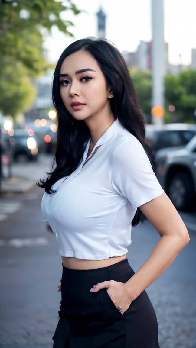 breasts, ((half body foto))(((wearing crop collared shirt, black tight skirt))) ((())) ,, detailed skin, ((asia white skin color)),detailed skin, gigantic breasts, Slim Waist, (((4K resolution))),(()) (((medium black hair silky thick hairstyle))) ((white skin)) ((extremely detailed face)) ((extremely detailed eyes)) (((open mouth))) ((outdoor background downtown crowd)) (((eye direction looked on camera))) look (()) ((sixpack woman)) ((model posture)), face, extremely detailed full body color photo of a 18 y.o girl, beautiful face, beautiful eyes, (()), (((sexy))) big breasts, slim body, ((skin details, high texture)), ((standing, bend over, hands on legs, sexy pose)), bend over, hand fix, finger fix, nails fix, realistic hand wrinkles, realistic eyes, octane render, simetris eyes,(white perfect teeth)