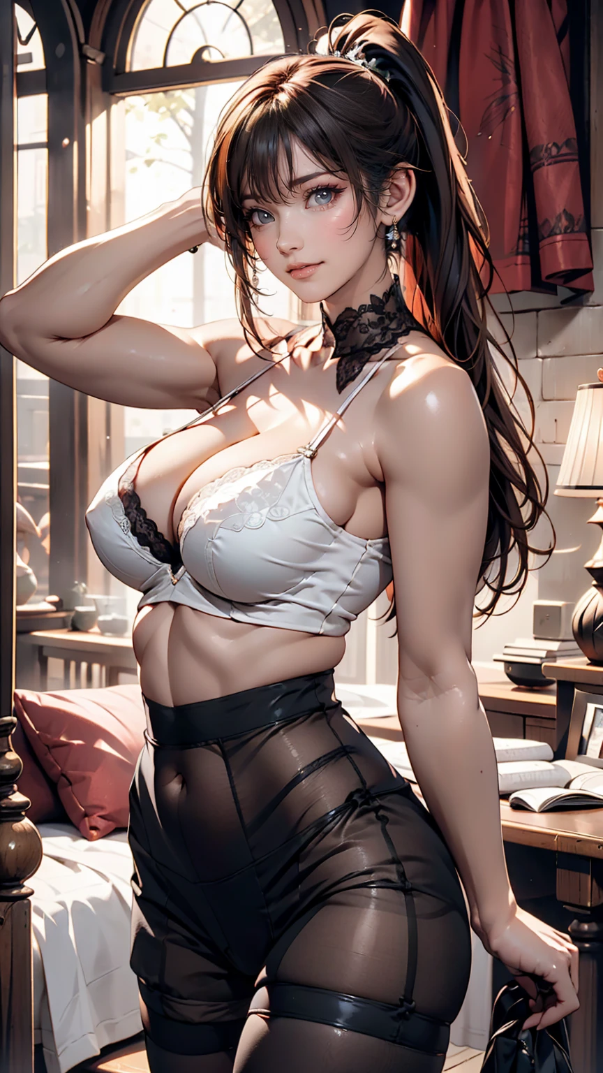 24 year old Caucasian female、Sexy proportions、Sexy、smile、Wear a sheer lace-decorated blouse、Wearing lace pantyhose、Wear mules、Long and thin neck、Narrow waist、ponytail、Nape exposure、Breasts protruding forward(Rocket Boobs)