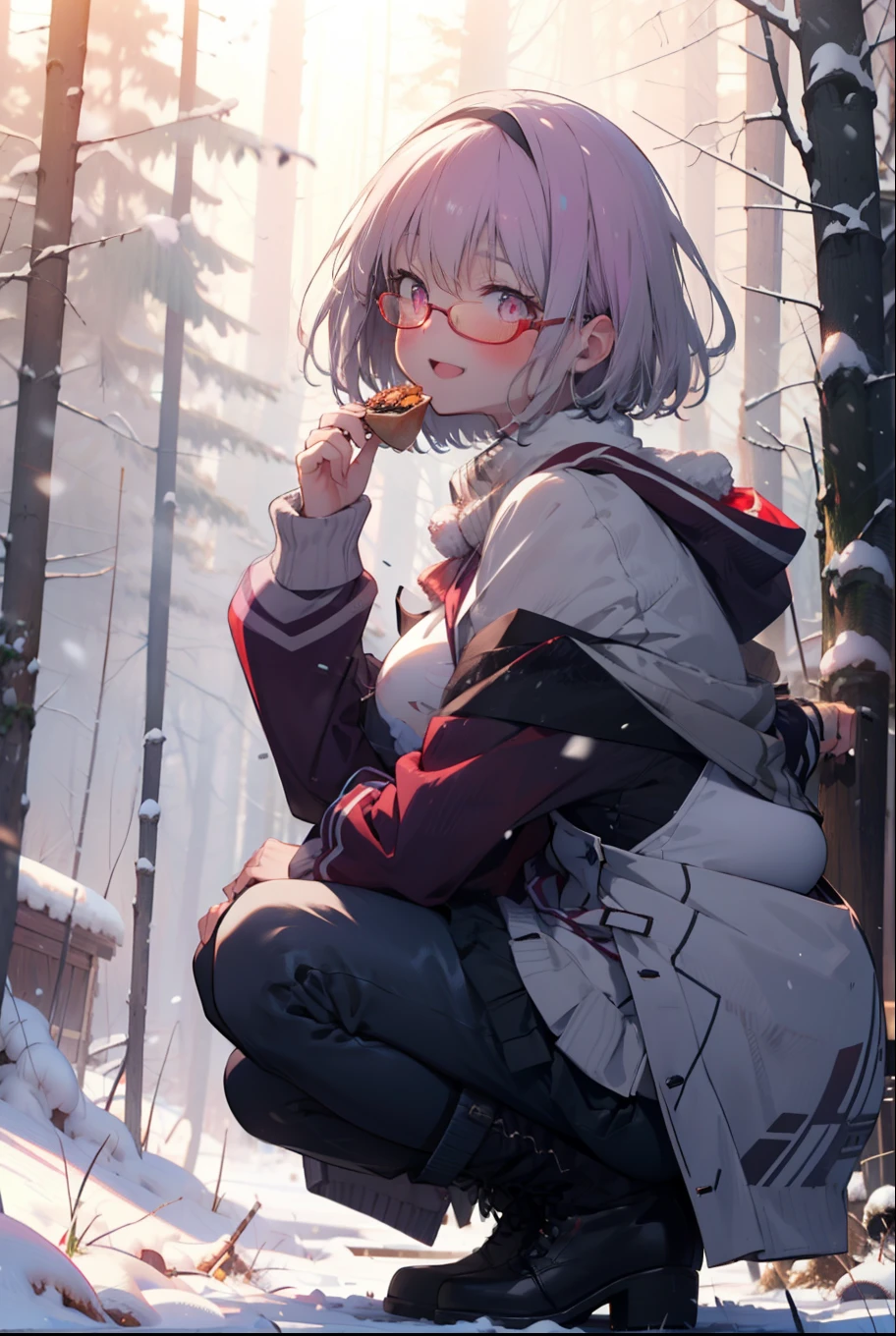 akaneshinjou, shinjou akane, Light purple hair, (Pink Eyes:1.2), short hair,Akagi Glasses,hair band,smile,blush,White Breath,Big Breasts,
Open your mouth,snow,Ground bonfire, Outdoor, boots, snowing, From the side, wood, suitcase, Cape, Blurred, having meal, forest, White handbag, nature,  Squat, Mouth closed, Cape, winter, Written boundary depth, Black shoes, red Cape break looking at viewer, Upper Body, whole body, break Outdoor, forest, nature, break (masterpiece:1.2), Highest quality, High resolution, unity 8k wallpaper, (shape:0.8), (Beautiful and beautiful eyes:1.6), Highly detailed face, Perfect lighting, Highly detailed CG, (Perfect hands, Perfect Anatomy),