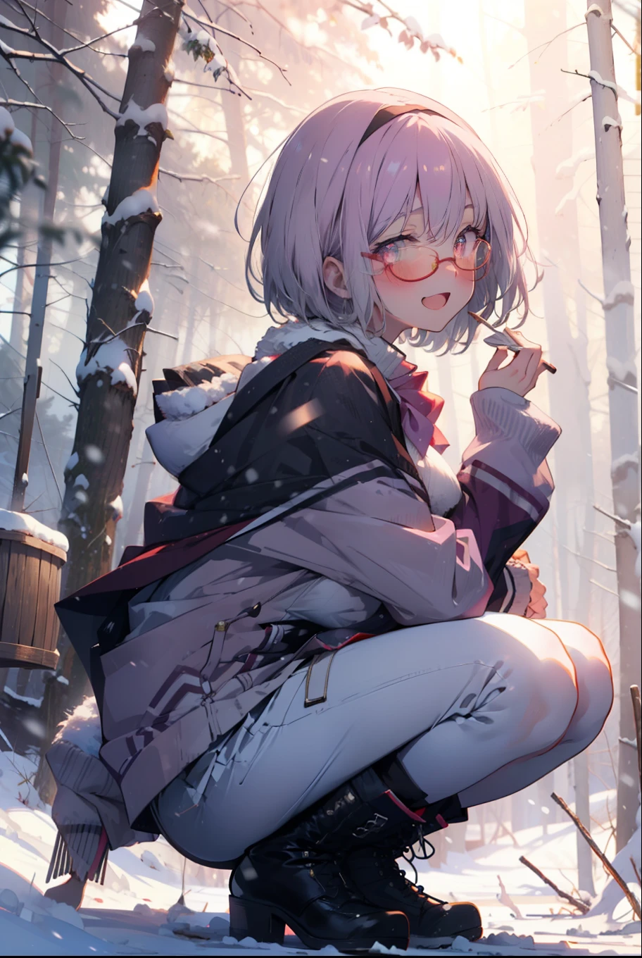 akaneshinjou, shinjou akane, Light purple hair, (Pink Eyes:1.2), short hair,Akagi Glasses,hair band,smile,blush,White Breath,Big Breasts,
Open your mouth,snow,Ground bonfire, Outdoor, boots, snowing, From the side, wood, suitcase, Cape, Blurred, having meal, forest, White handbag, nature,  Squat, Mouth closed, Cape, winter, Written boundary depth, Black shoes, red Cape break looking at viewer, Upper Body, whole body, break Outdoor, forest, nature, break (masterpiece:1.2), Highest quality, High resolution, unity 8k wallpaper, (shape:0.8), (Beautiful and beautiful eyes:1.6), Highly detailed face, Perfect lighting, Highly detailed CG, (Perfect hands, Perfect Anatomy),