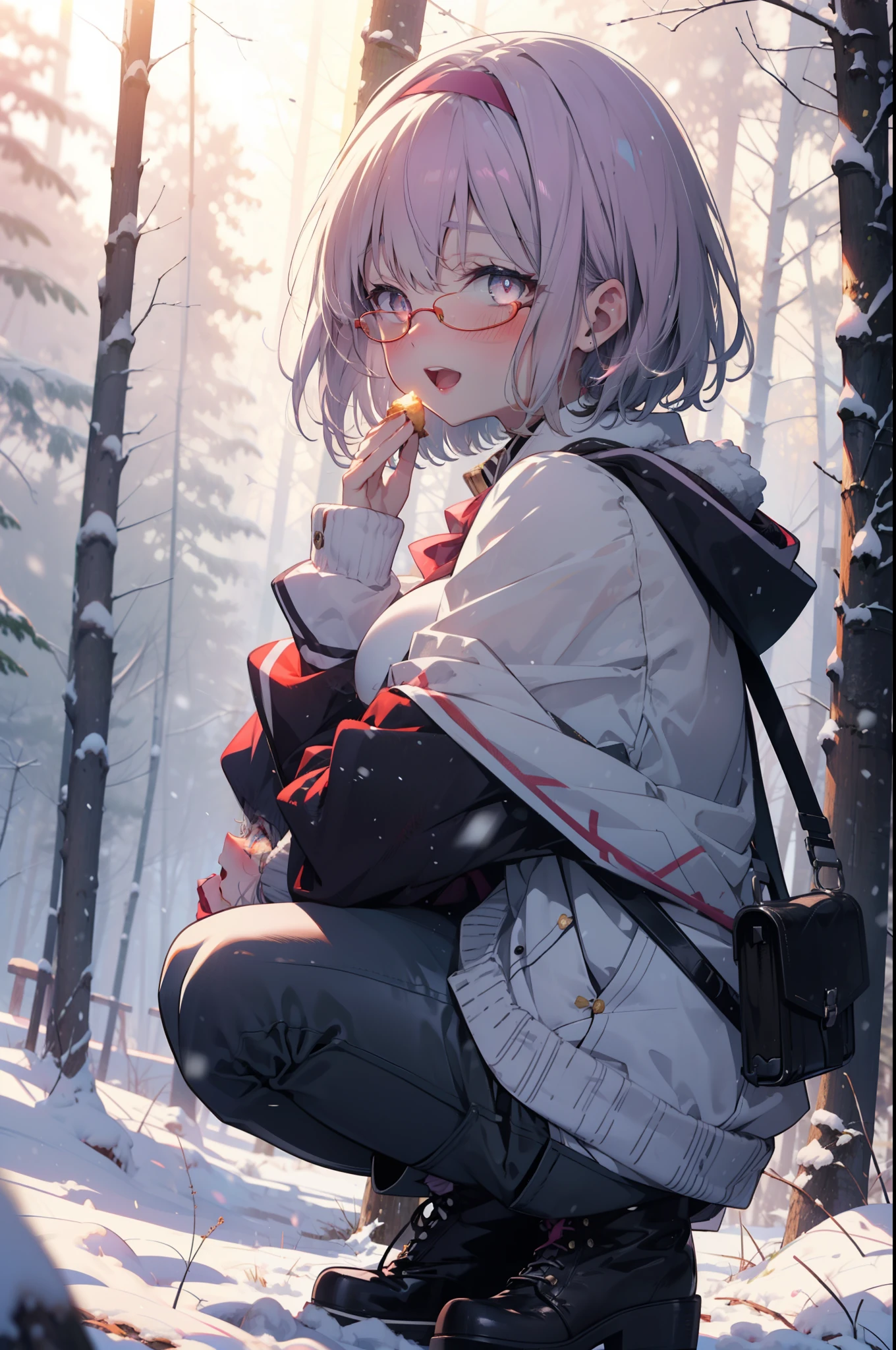 akaneshinjou, shinjou akane, Light purple hair, (Pink Eyes:1.2), short hair,Akagi Glasses,hair band,smile,blush,White Breath,Big Breasts,
Open your mouth,snow,Ground bonfire, Outdoor, boots, snowing, From the side, wood, suitcase, Cape, Blurred, having meal, forest, White handbag, nature, Squat, Mouth closed, Cape, winter, Written boundary depth, Black shoes, red Cape break looking at viewer, Upper Body, whole body, break Outdoor, forest, nature, break (masterpiece:1.2), Highest quality, High resolution, unity 8k wallpaper, (shape:0.8), (Beautiful and beautiful eyes:1.6), Highly detailed face, Perfect lighting, Highly detailed CG, (Perfect hands, Perfect Anatomy),