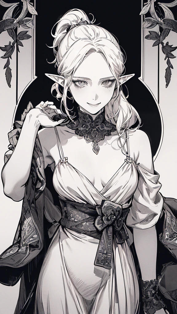 Highest quality, (Background details), High Contrast, Very beautiful woman, Detailed original illustrations, functional, Archer、Elf, Ponytail Delicate face, charm, Bad boy, sexy, Platinum Blonde、White sundress、Real breasts, Small breasts、Crazy Smile, Crazy Eyes, Black background, (Black background: 1. 5), Beautiful line art, Monochrome