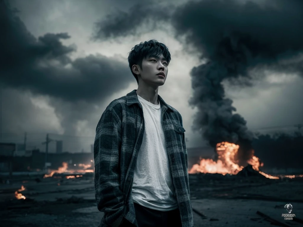 A striking, cinematic portrait of a young Korean man, captured from an aerial perspective. He stands tall and confident, dressed in a flannel shirt and a white t-shirt, against the backdrop of a somber and dramatic landscape. Dark clouds loom overhead, casting a gloomy light on the scene, while a towering building seems to be on the verge of collapse. The atmosphere is heavy with foreboding, and the color palette is dominated by shades of gray, black, and dark blue. The photograph captures a poignant moment in time, blending fashion and emotion in a powerful visual statement., portrait photography, cinematic, fashion, photo