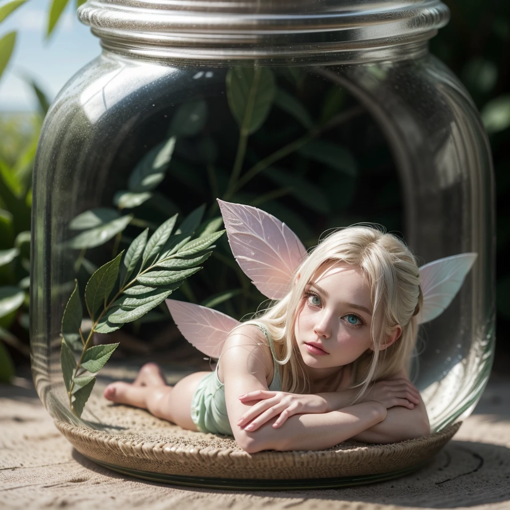 a little fairy trapped in a glass jar, a tiny woman locked in the glass jar, beautiful woman, beautiful face, green eyes, almost white blonde hair, tight-fitting outfit, shy, scared, detailed body, fine face, cheeks pink, pink lips, super white skin, leaf outfit, fantasy world, beautiful fairy. scared, glass bottle. difference in sizes, background of a beach.