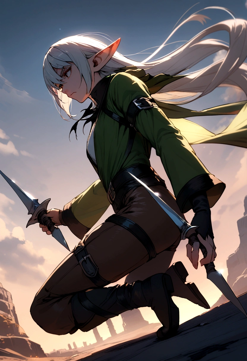 a half-elf assassin with two daggers in his hand