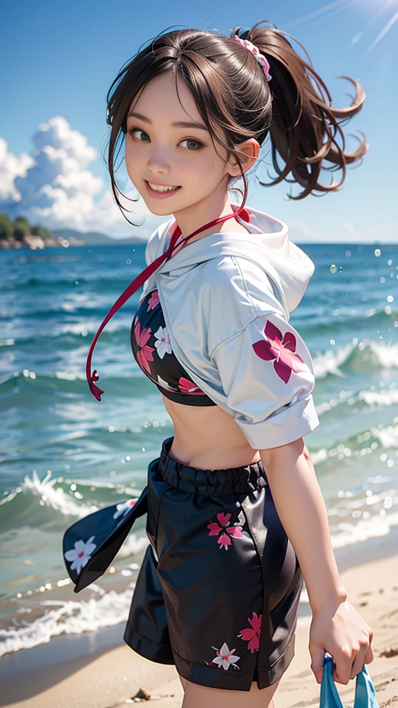 ((((depth of field:1.2)))), private beaches of okinawa, medium breasts, 1girl, black eyes, slender, ear_piercing, medium hair, short ponytail, break, nail_polish, break, (light brown hair:1.2), (bloom:1.1), backlight, break, break, ((wind:1.3)), blue sky, break, (print_sports_bikini:1.3), (((running:1.3))), Short pants, (((grin:1.2))), i'm wearing a hoodie, (masterpiece,best quality:1.4), (8k,raw photo,photo realistic:1.2), shiny skin, detailed skin, detailed face, detailed eyes, 1girl, beautiful face, break,