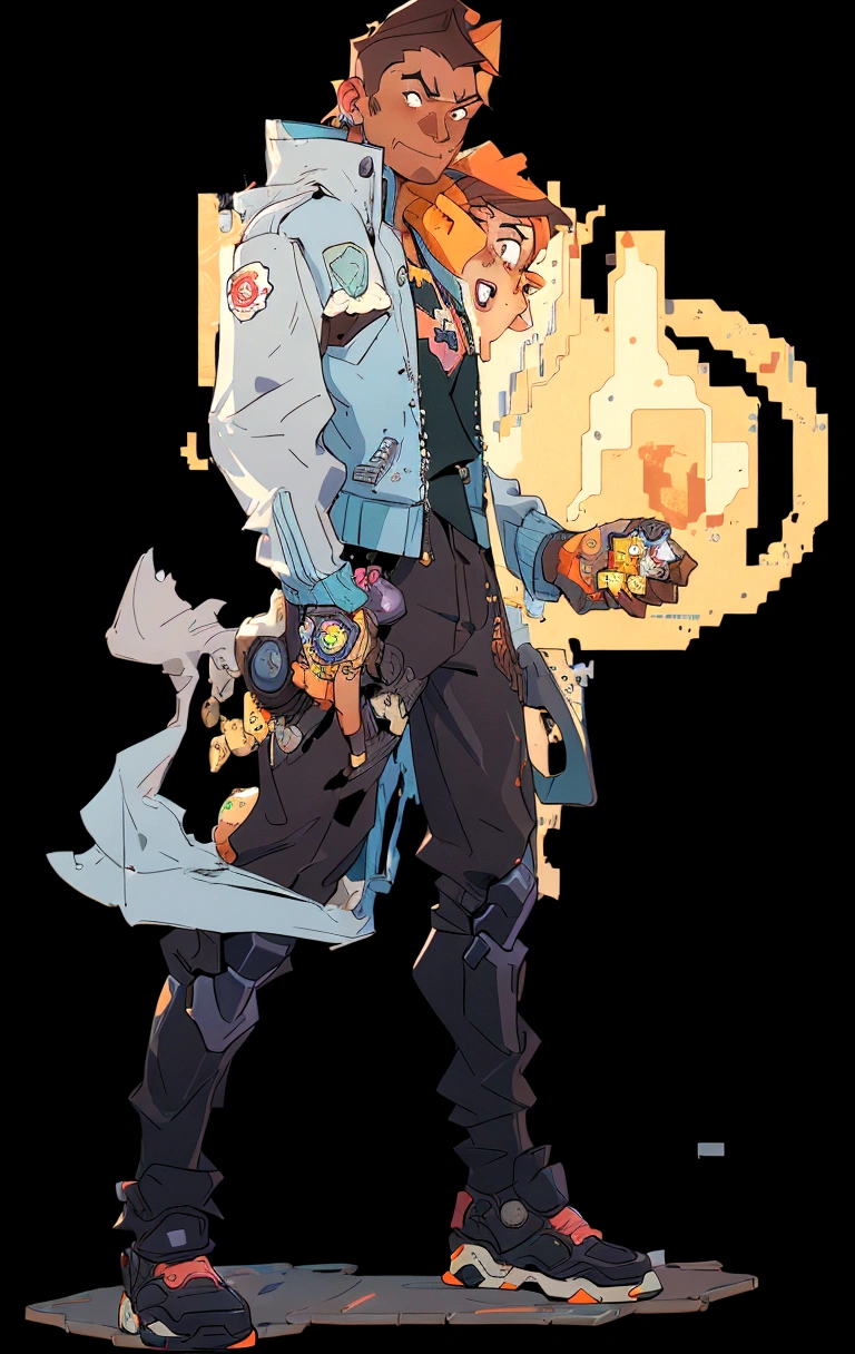 a cartoon image of a man with a gun and a jacket, Overwatch Batista, No Heroes Concept Art, trigger anime art style, ator 2d, pixel art ciberpunk, 2D rendering, character disco elysium, in the style of sachin teng, # pixelart, #pixelart, keanu reevez in disco elysium, valuing character
