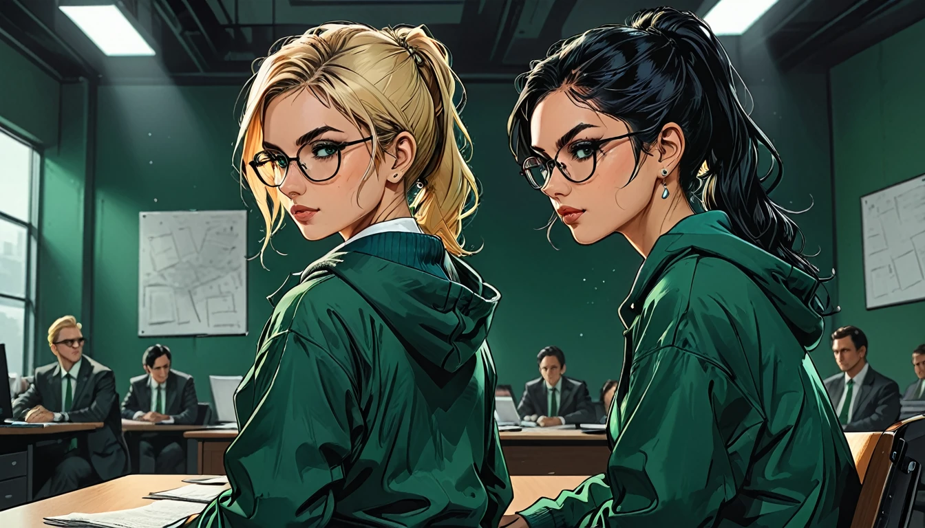 dramatic angle, unique perspective, (2 girl), (((foreground back view girl))\Short blonde Waves pixie hair in Blue oversized hoodie sitting back to viewer), (((background front view girl))\in a classic dark green suit with round glasses and a white shirt with Long Sleek Straight Ponytail Slicked back black Hair and green eyes Hawk long Nose Long and Diamond type Face sitting facing viewer), (detailed background, dynamic composition), (expressive faces),
at dark green office,
look at each other,
graphic style of novel comics,dark novel, 2d, 8k, hyperrealism, masterpiece, high resolution, best quality, ultra-detailed, super realistic, Hyperrealistic art, high-quality, ultra high res, highest detailed, lot of details, Extremely high-resolution details, incredibly lifelike, colourful, soft cinematic light,