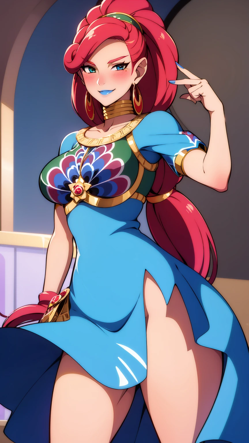 best quality, high resolution, large breasts, red hair, blush, smile, cowboy shot, looking at viewer, Urbosa, blue lip,