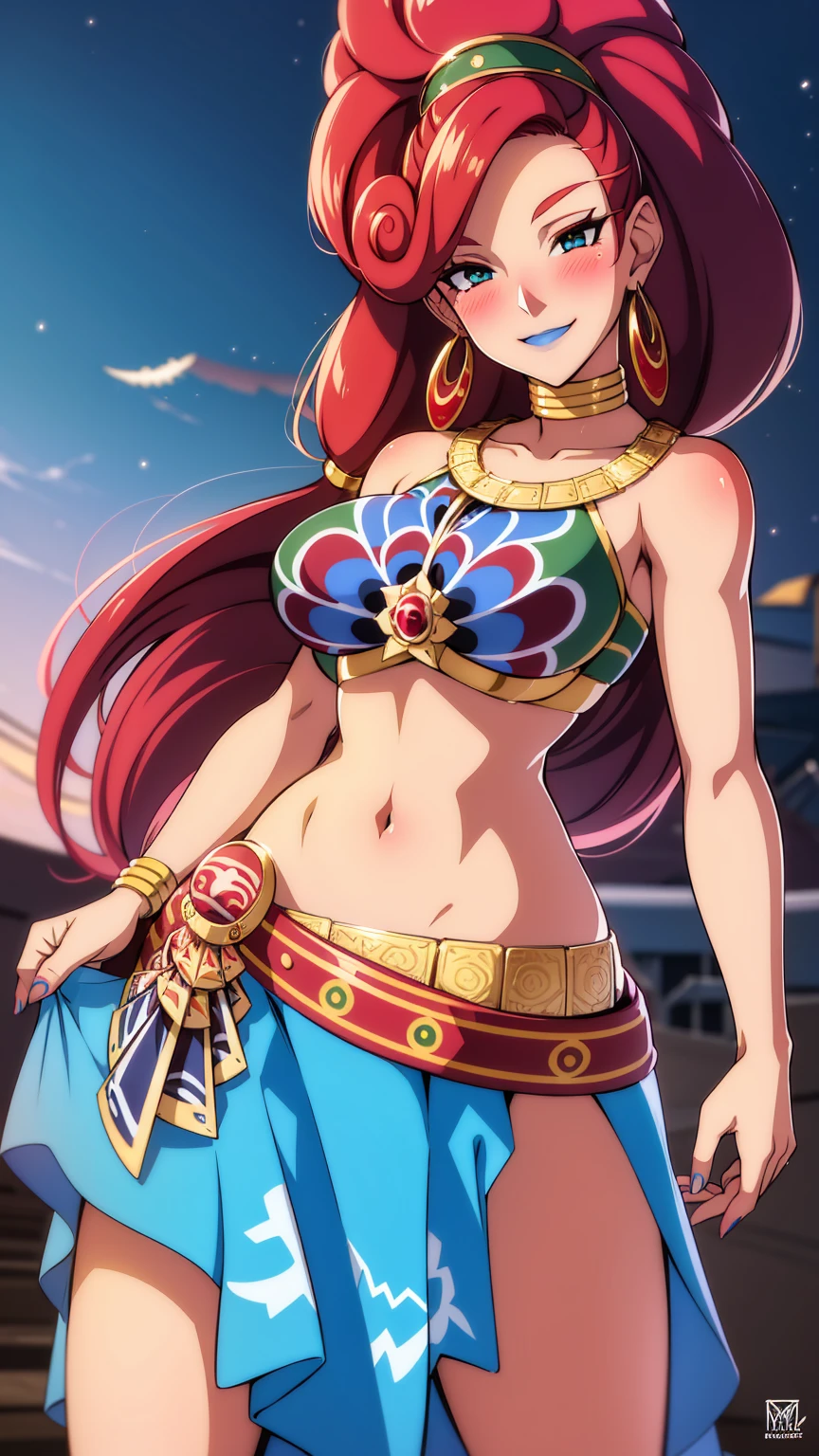 best quality, high resolution, large breasts, red hair, blush, smile, cowboy shot, looking at viewer, Urbosa, blue lip,