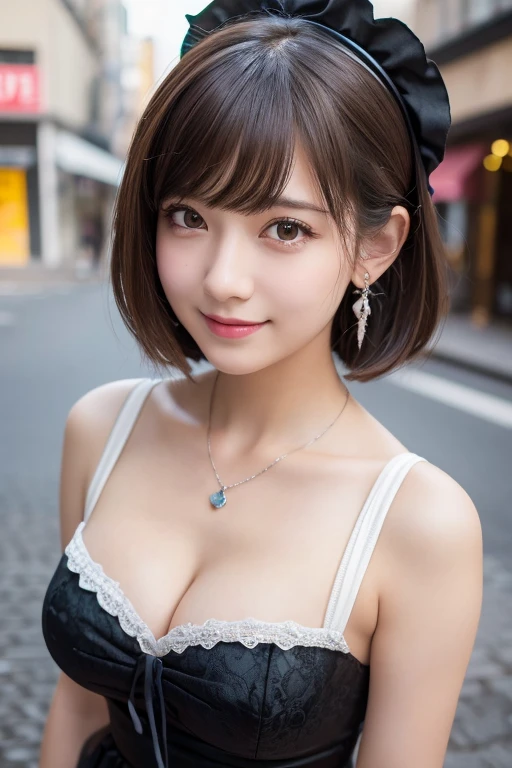 girl, White skin, ((Dark brown short tiered hair)), V cut with layers and bangs, Brown eyes, Soft atmosphere characteristics (Highest quality, Ultra-high resolution, 8K, RAW Photos, Ultra-high resolution: 1.2, masterpiece: 1.3), (Realistic, Realistic: 1.37), Very detailed, Professional Lighting, Photon Mapping, Radio City, Physically Based Rendering, One Girl, (high school girl), Sharp focus:1.2、Beautiful woman:1.4,cute, Nice, Adorable, smile, Normal chest, necklace、(Cleavage)、Gothic ta Fashion、Earrings、Selfie、