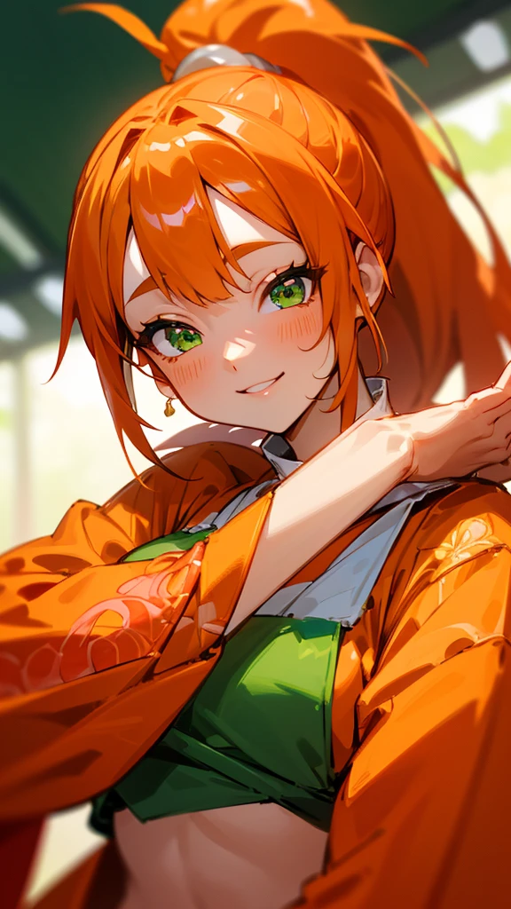 1 Girl、8K、Sharp focus、(Bokeh) (Highest quality) (Detailed skin:1.3) (Intricate details) (anime)、Orange clothes、Orange Hair、ponytail、Beautiful green eyes、Wicked Smile、Loincloth、Shrimp mascot、Upper body close-up