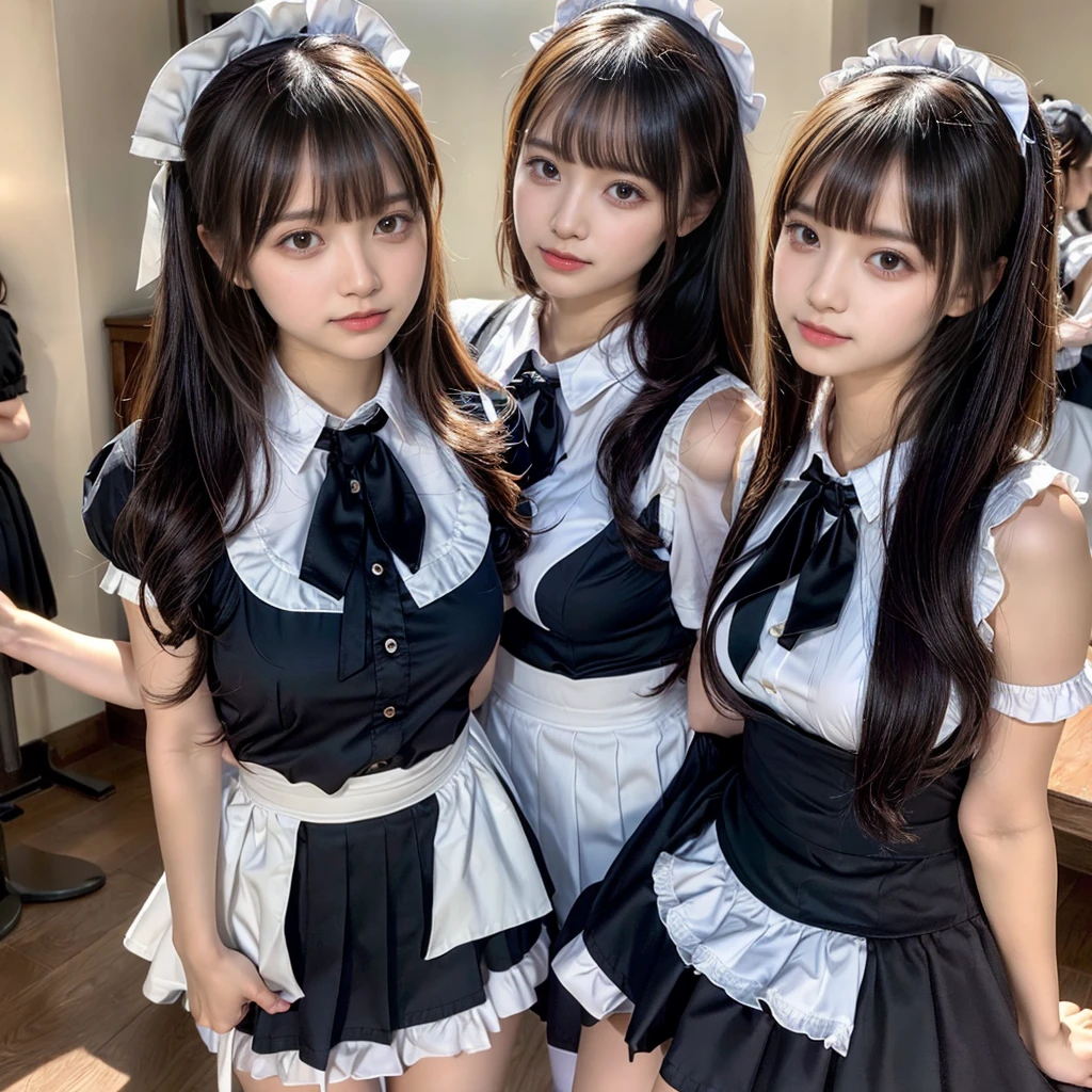 (2girls, twins:1.3), (beauty girls, delicate girls:1.3), (16 years old:1.3),
break, (cute maid uniform, ruffle blouse, pink ribbon tie, skirt:1.2),
break, (maid cafe:1.2),
break, very fine eyes, (symmetrical eyes:1.3),
break, (very huge round breasts:1.2), brown eyes, parted bangs, brown hair,
break, (eyes and faces with detailed:1.0),
break, (masterpiece, best quality, ultra detailed, detailed face, 8k)