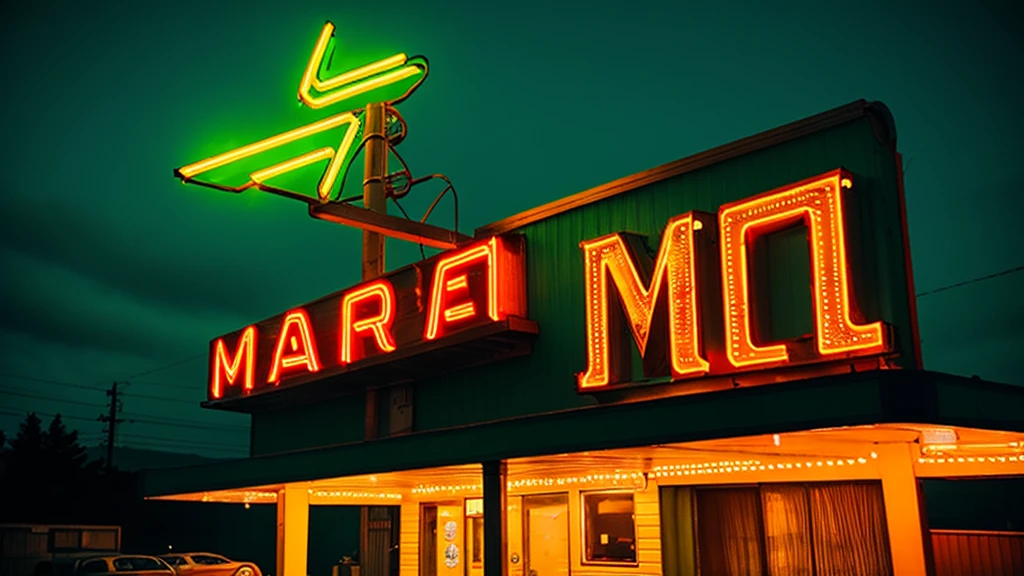 An evening view of the Carr Motel sign illuminated with vintage neon lights. The sign reads 'Carr' in red and 'MOTEL' in green, glowing against the backdrop of a dusky sky. The surrounding area is silhouetted, creating a nostalgic and calming ambiance, evoking the quiet charm of mid-century American motels.