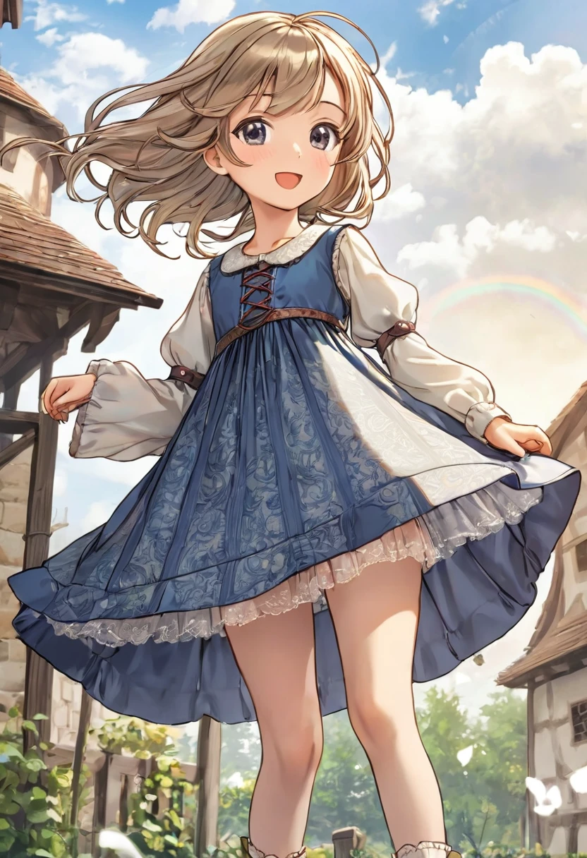 10 year old girl underwear, Kind Face, Knee-length bloomers made from patterned cotton fabric, Medieval one-piece dress with panniers, Low - Angle, Pull up the dress by hand,  Strong winds, Translucent slip, Translucent slip, tights, Highest quality, Crotch close-up, whole body
