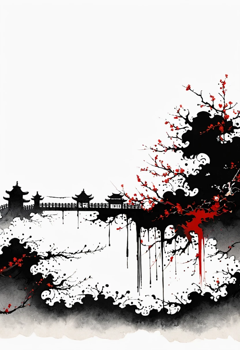 中国Ink Painting, Cyan and White, Minimum, Wire, White background,Great Wall, Minimalism, Wire性风格, Huge negative space, Ink Painting, Abstract,Bloodstained Remnants