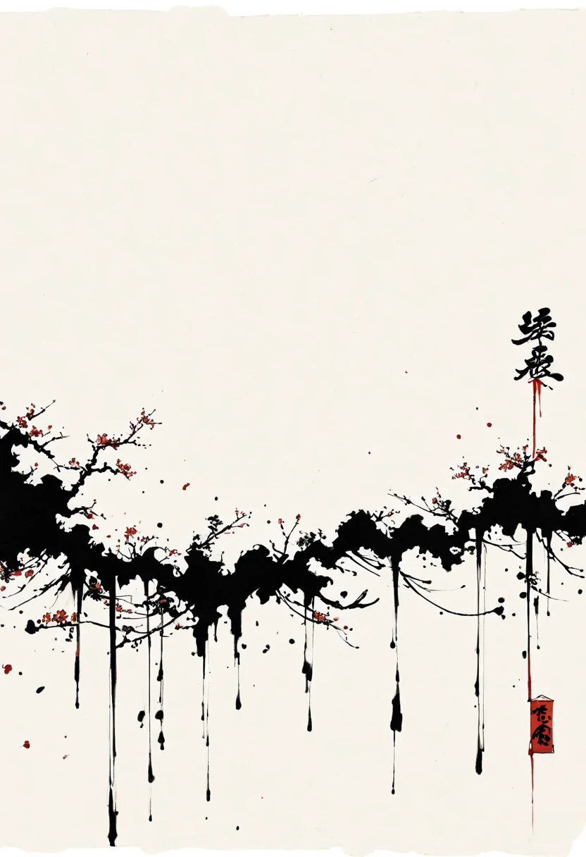 中国Ink Painting, Cyan and White, Minimum, Wire, White background,Great Wall, Minimalism, Wire性风格, Huge negative space, Ink Painting, Abstract,Bloodstained Remnants