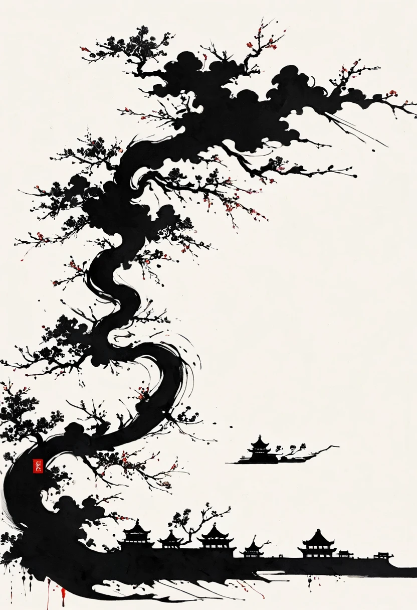 中国Ink Painting, Cyan and White, Minimum, Wire, White background,Great Wall, Minimalism, Wire性风格, Huge negative space, Ink Painting, Abstract,Bloodstained Remnants